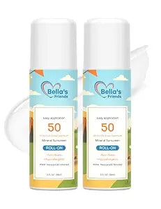Kids Roll-On Mineral Sunscreen SPF 50 for Face & Body, Natural Sunscreen Lotion Applicator, Travel Size, Reef Safe, Summer Beach Vacation Travel Essentials, 2 Pack