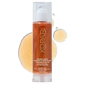 Kopari Sun Shield Body Glow, Broad Spectrum SPF 30, Lightweight Shimmering Gel Texture Absorbs Quickly, Non Sticky, Glowing Results, Golden Amber 5 oz