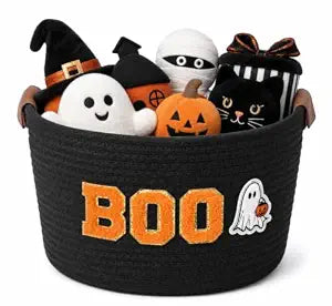 Halloween Woven Rope Basket with Boo Ghost Stickers