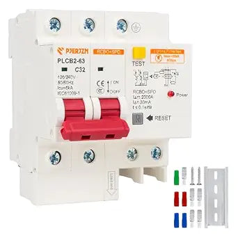 16 Amp 2-Pole Ground Fault Circuit Breaker with Surge Protection, 120V-240VAC Type C, DIN Rail Mount, Residual Current Protection for Home and Industrial (16 Amp)