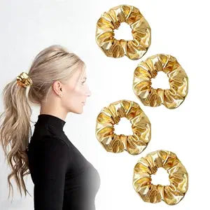 4 Pcs Gold Hair Scrunchies, Shiny PU Leather Hair Ties for Women & Girls