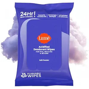 Lume Acidified Deodorant Wipes - 24 Hour Odor Control - Aluminum Free, Baking Soda Free, Skin Loving - Flushable - 15 Count (Soft Powder)