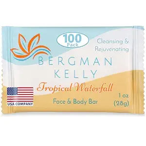 BERGMAN KELLY - Hotel Soap Bars - Tropical Waterfall, 1 oz, 100 PK - Travel Size Luxury Bulk Amenities Bar Soap - Mini Individually Wrapped Rectangular Soap, Small Toiletries for Airbnb & Motel