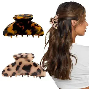 2Pcs Hair Claw Clips, Medium Tortoise Jaw Clips for Woman | Strong Hold & Nonslip 3.7 Inch Durable Celluloid Leopard Print Jaw Claw For Thick Thin Fine Medium Updo Half Up Hair