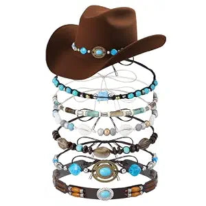 6Pcs Cowboy Hat Bands, 6 Styls Adjustable Cowboy Hat Band, Ethnic Western Hats Belts, Rural Classical Turquoise Beaded HatBands for Women Men, Western Hatbands Decorating Supplies