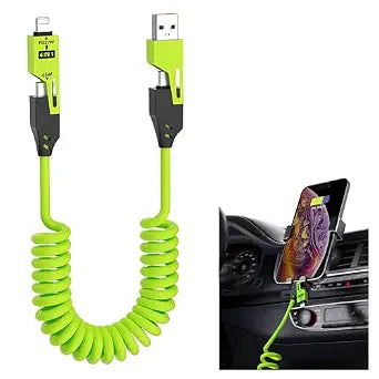 4-in-1 Spring Fast Charging Cable 4-Foot 65-watt Winding car USB Data Cable for smart Phones, laptops, etc. Wound Silicone Design, Apple and Type-c Interface. (Green)