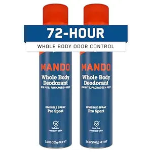 Mando Whole Body Deodorant For Men - Invisible Spray Deodorant - 72 Hour Odor Control - Low Irritation Formula - Aluminum Free, Benzene Free - 2 pack of 3.6 ounce Cans - Pro Sport