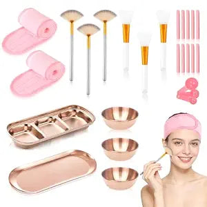 28 Rose Gold Facial Supplies 3 Facial Mask Mixing Bowls 3 Facial Fan Brushes 3 Mask Applicator Brushes 3 Mask Measuring Spoons Skincare Tray 3-Compartment Tray 12 Facial Sponges 2 Spa Headbands