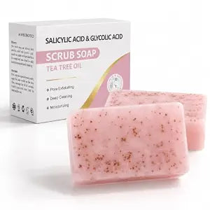 Body Scrub Soap Bar, Exfoliating Bar Soap with Salicylic Acid & Glycolic Acid Tea Tree, Deep Pore Cleanser, Anti-Blemish, Skin Softening, Moisturizing & Gentle for Face and Body