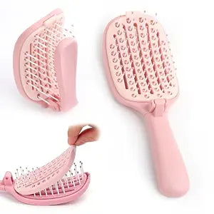 Self‑Cleaning Hair Brush, Curved Vented Detangler, Foldable Travel Pink