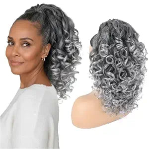 Curly Drawstring Ponytail Grey Curly Yaki Pony Tail Synthetic Salt and Pepper Hair Ponytail Extension for Women(T1B/Gray)