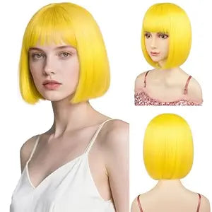 Bob Wigs with Straight Flat Bangs 12" Synthetic Fiber Hair Includ Wig Cap Yellow Wig for All Women Halloween Costume Party Colorful Wigs (Yellow)