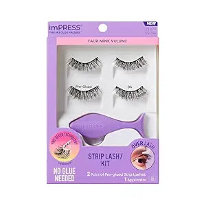 KISS imPRESS Strip Lash Kit Multipack Kit Pre-Glued Strip Lashes Kit, Sleek Natural, Black, 2 Pairs False Eyelashes