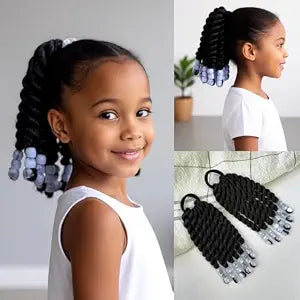 Kids Ponytail Extension With Beads 6inch 2 Pieces Two-Strand Twists Hairstyles for Kiddies Protective Braided Hairstyles for Black Girls(White)