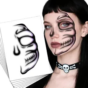 Halloween Half Skeleton Face Tattoo Stickers Scary Skull Stickers Day of The Dead Makeup Witch Zombie Decorations for Adults Halloween Masquerade and Parties Cosplay Supplies