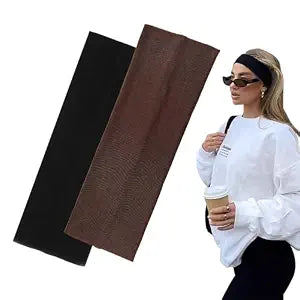 7cm Wide Black Headbands for Women Men, 2pack Fashion Head Bands for Women's Hair, Soft Fabric Stretchy Hair Bands for Makeup, Yoga, Running (Black/Brown, 2.7 X 8.6 inches)
