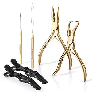 EHDIS Hair Extension Beading Tool Kit Stainless Steel Hair Extensions Micro link Bead Closer and Remover Pliers set, Beads Hair Pulling Hook & Micro Ring Loop Tool Set (Gold)