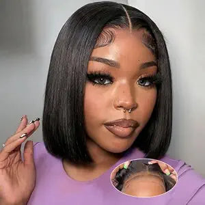 Wear and Go Glueless Wigs Human Hair Pre Plucked Pre Cut Bob Wig Human Hair 5x5 HD Lace Closure Pre Bleached Glueless Bob Wigs for Black Women Short Wig 180 Density Natural Black 10 Inch