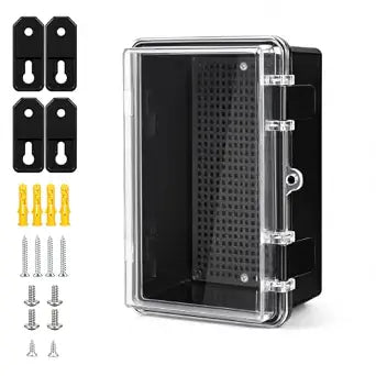 LeMotech Junction Box IP67 Waterproof Electrical Box ABS Plastic Hinged Shell with Clear Cover Project Box Outdoor and Indoor with Mounting Plate, Wall Brackets, Black, External Size 8.3x 5.1x 4.3inch