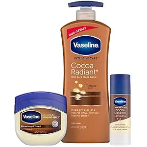 Vaseline Intensive Care Cocoa Radiant Lotion, 20.3 oz Bundled with Moisturizing Healing Jelly Butter, 7.5 and Shimmer Stick, 1.4 oz, Moisturized Skin Light Scent