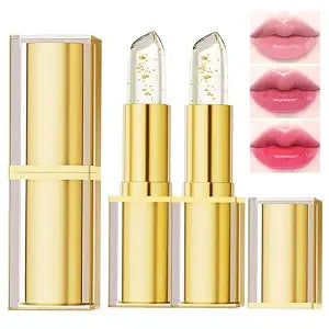 2 PCS Kivora Color Changing Lipstick, Gold Foil PH Lip Balm, Transferproof & Long Lasting, Moisturizing Jelly Lip Stick, Deep Nourishing Plumping Lip Gloss for Women