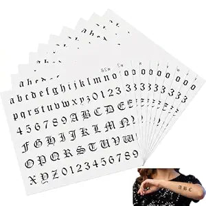 10 Sheets Gothic Temporary Tattoos, Letters Numbers Body Sticker
