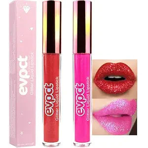 evpct 2Pcs Ruby Red Rose Pink Matte to Glitter Liquid Lipstick Set Kit for Women Long Lasting Glossy Metallic Shimmer Sparkle Lipstick Lip Gloss 3+11
