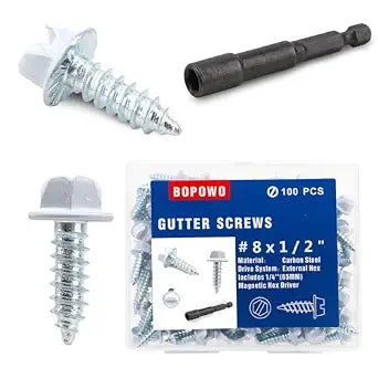 Self-Tapping Gutter Screws White Painted Slotted Hex Washer Head #8 x 1/2" Zinc Plated Finish, Includes 1/4" Magnetic Hex Driver - for Gutter Install
