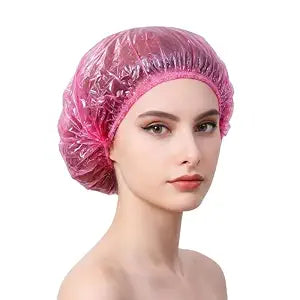 Pink Disposable Shower Caps 200 Pack, Heavy Duty Plastic Shower Caps for Women Long Thick Hair, Waterproof Oil Proof Hair Caps with Maximum Stretch 18.1in for Travel Salon