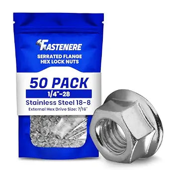 Fastenere Serrated Flange Nuts 1/4"-28 (50-Pack), Durable Stainless Steel 18-8 Hex Lock Hardware Nuts, Corrosion-Resistant, Fine Plain Finish for Home, Automotive & Industrial Use