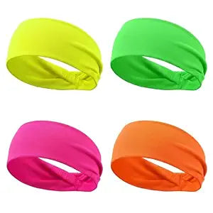 Mabor 4Pcs Neon Headbands for Women, 80s 90s Retro Neon Scrunchies Non Slip Elastic Hairbands Quick Dry Gym Sports Sweatbands Accessories, Bright Green Yellow Orange Pink