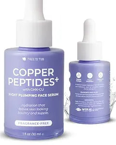 Tree To Tub Copper Peptides Serum for Face, GHK-Cu Night Plumping Peptide Serum with Triple Hyaluronic Acid & Squalane, Fragrance-Free Moisturizer for Sensitive Skin, Vegan, 30ml