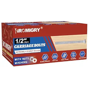 1/2" x 3" Carriage Bolts (25 PCS), Hot Dip Galvanized, Heavy Duty Round Head with Washers and Nuts