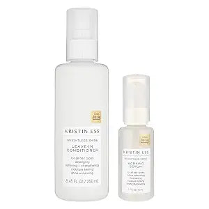 Kristin Ess Styling Bundle, Hydrating Salon Leave In Conditioner Spray for Strength + Shine - Lightweight Anti Frizz Detangler for Women + Weightless Shine Working Hair Serum for Dry Damaged Hair