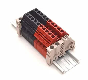 Dinkle Assembly DK4N Red/Black 10 Gang DIN Rail Terminal Blocks, 10-22 AWG, 30 Amp, 600 Volt