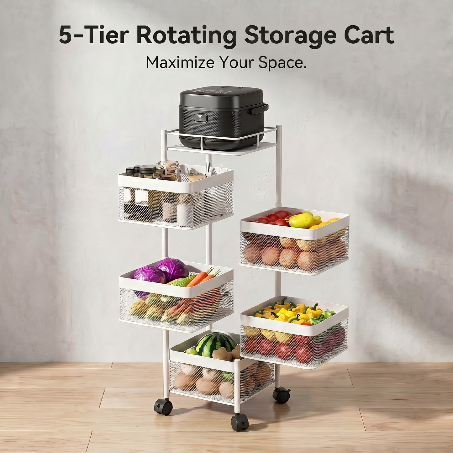 5-Tier Rotating Storage Cart, Square Metal Kitchen Utility Cart on Wheels, 360° Swinging Wire Basket Organizer Rack for Fruit, Vegetable, Pantry, Bathroom and Living Room, WHITE