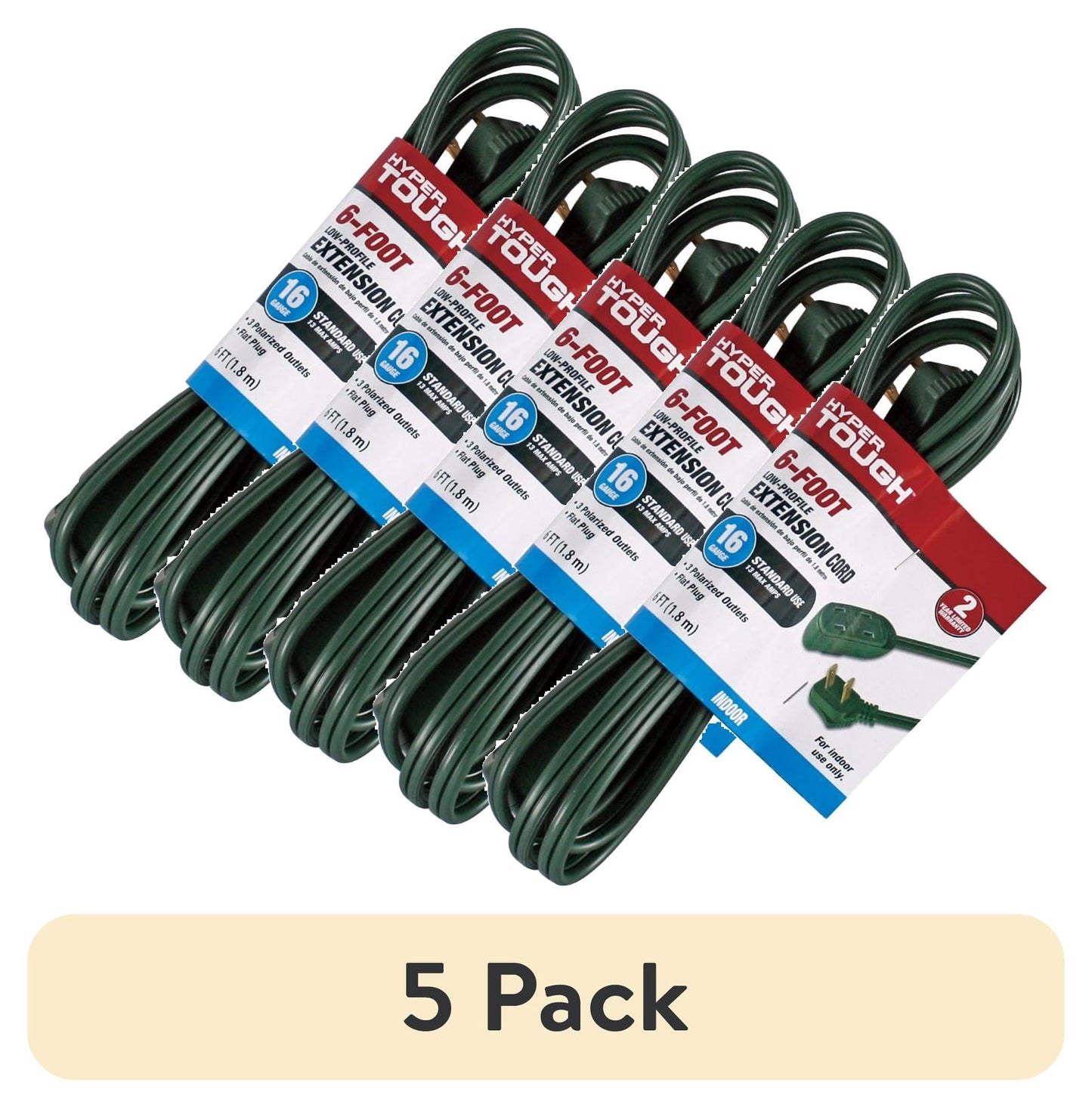 (5 pack) Hyper Tough 6FT 16AWG Green 2-Prong Indoor Extension Cord, 125V, 13A