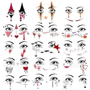 HOWAF 15 Sheets Halloween Full Face Tattoos Stickers, Costume Face Art With Clown, Spider Webs, Bats, Skeletons Ghost Devil Creepy Hand Prints for Horror Party Decor, Black Red Temporary Tattoos