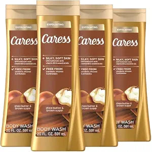Caress Body Wash for Women, Shea Butter & Brown Sugar, Hydrating and Exfoliating Shower Gel for Gorgeous Radiant Skin, 20 fl oz, 4 Pack