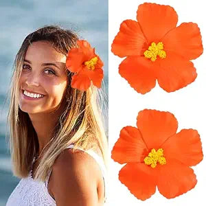2 PCS Hawaiian Flowers Hair Clips, Hibiscus Flowers Hair Clip Beach Party Bohemian Flower Hair Accessories for Women Girls Dancer Bride Wedding Beach Party (Orange)