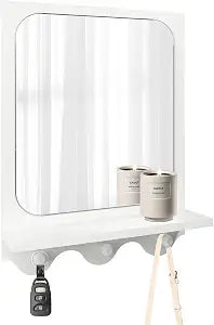 16 x 12 Inch Wooden Framed Wall Mounted Mirror with Shelf and 3 Hooks, Small Real Glass Entryway Hanging Mirror for Bedroom Bathroom Living Room, White