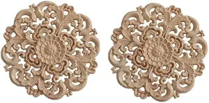 Round Wood Appliques Onlays, 2-Pack Unpainted Wooden Carved Flower Carvings Decals for Wall Cupboard Mirror Mantel Door Bed Cabinet Ceiling Dresser Furniture Refurbish Project, 15cm/5.9 (2)