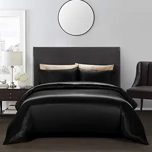 AiMay 3 Piece Satin Duvet Cover Set Bedding Sets Queen Black 1800 Series Luxury Rich Silk Silky Super Soft Solid Color Reversible Zipper Closure Sexy Honeymoon Wrinkle Free (Queen, Black)