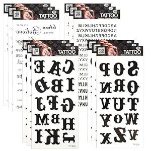12 Sheets Temporary Tattoos Letters, Fake Name Tattoo, Waterproof Letters Tattoos Stickers, Custom Name Tattoo Temporary Realistic for Men Women Finger Face Neck Body Decorations