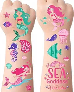 Mermaid Temporary Tattoos for Kids ��������� 106 Cute Ocean & Mermaid Designs, Waterproof, Non-Toxic & Skin-Friendly, Easy to Apply, Perfect for Under the Sea Birthday Pa