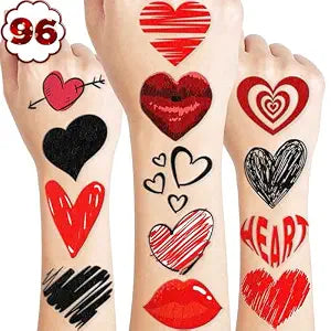 96PCS Red Heart Pre Cut Temporary Tattoos
