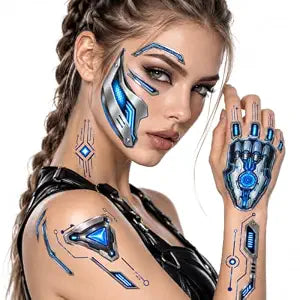 8 Sheets Cyborg Face Tattoos, Cyberpunk Temporary Tattoos for Halloween