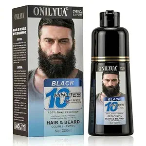 Men's 3-in-1 Black Beard & Hair Dye Shampoo, Instant Grey Darkening Beard Color Shampoo in 10 Minutes, Simpler Gray Reducing Mustache & Beard Dye for Men, with Plant Extract for Healthy Facial Hair