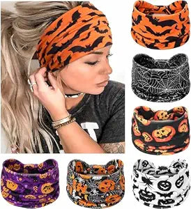 Halloween Headbands for Women & Girls - Wide Knotted Head Bands Pumpkin Bat Spider NonSlip Hair Bands Yoga Workout Elastic Head Wraps 6 Pcs Halloween Accessories
