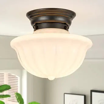 youngrender Black Schoolhouse Light Fixture Ceiling, 9 Inch Hallway Semi Flush Mount Ceiling Lighting, White Milk Glass Ceiling Lights Mid Century for Bedroom, Kitchen, Entryway